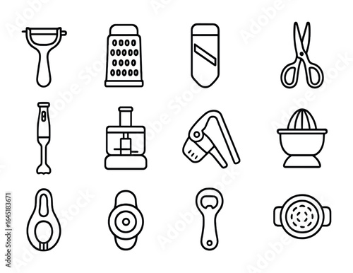 Kitchen Tool Icons. Outline icon set of multi-purpose kitchen tools: combo peeler, grater slicer, mandoline