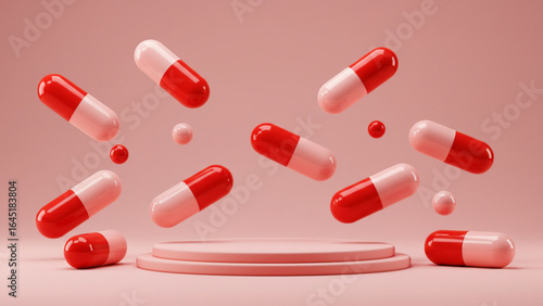 3D render of red and pink medical capsules floating above a podium. Modern healthcare and pharmaceutical product showcase concept.