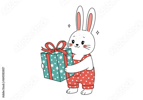 Adorable bunny wearing overalls happily holding a wrapped gift box
