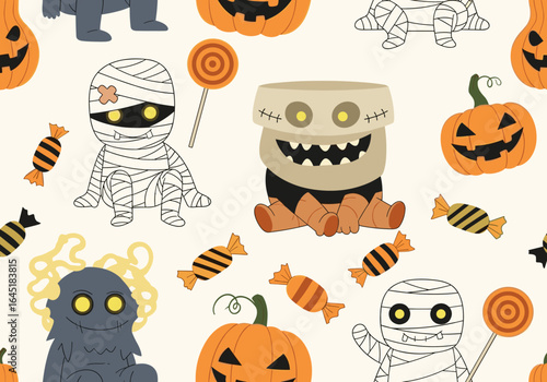 Cute halloween monsters pumpkins and candy seamless pattern spooky season decoration