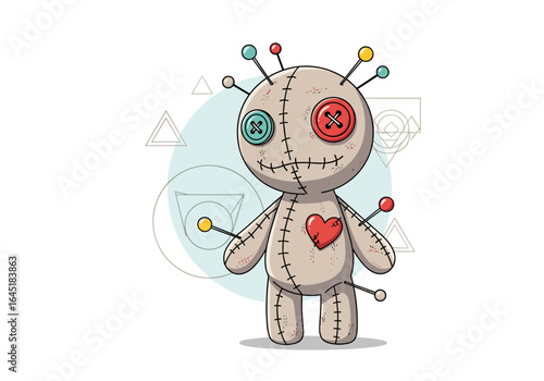 Creepy hand drawn voodoo doll with pins and red heart symbol