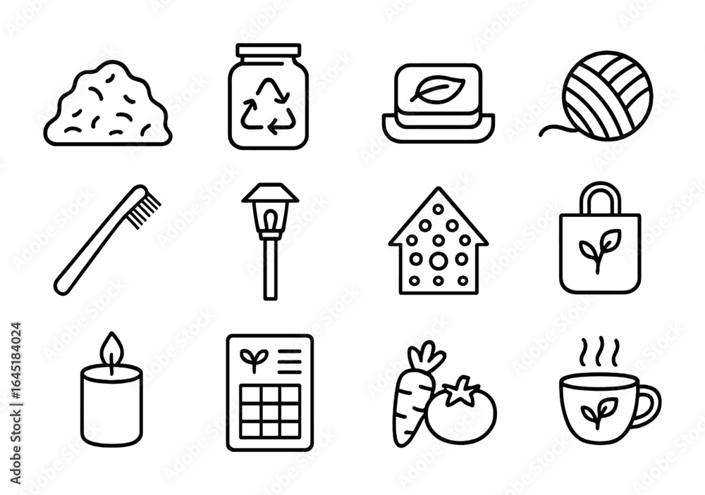 Fototapeta premium Eco Countryside Icon Set. Outline icon set of eco countryside lifestyle: compost pile, recycled jar, natural