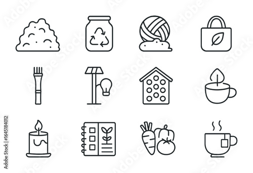 Eco Countryside Icon Set. Outline icon set of eco countryside lifestyle: compost pile, recycled jar, natural