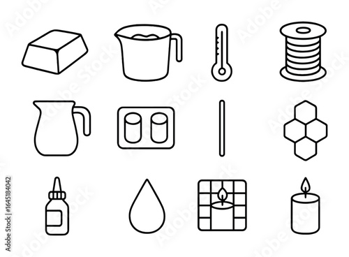 Candle Making Icons. Outline icon set of candle making: wax block, melting pot, thermometer, wick spool,