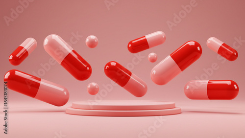 Floating Red and Pink Capsules Pharmaceutical Product 3D Render