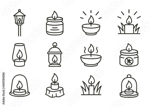 Outdoor Candle Icons. Outline icon set of outdoor candle use: lantern post, citronella jar, garden table,