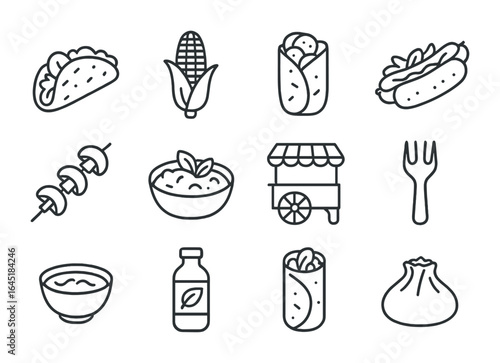 Plant-Based Street Food Icons. Outline icon set of plant-based street food: veggie taco, grilled corn, falafel
