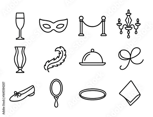 Luxurious Party Icons. Outline icon set of luxurious party items: gold flute, satin mask, velvet rope,