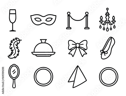 Luxurious Party Icons. Outline icon set of luxurious party items: gold flute, satin mask, velvet rope,