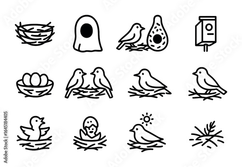 Bird Nest Icon Set. Outline icon set of bird nests and nesting behavior: twig nest, cavity nest, mud cup,