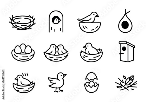 Bird Nest Icon Set. Outline icon set of bird nests and nesting behavior: twig nest, cavity nest, mud cup,