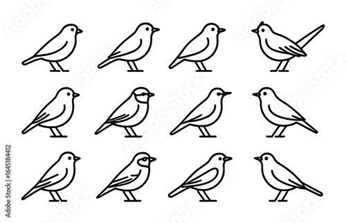 Songbird Icon Set. Outline icon set of songbirds: canary, warbler, nightingale, lark, thrush, tit, bunting,