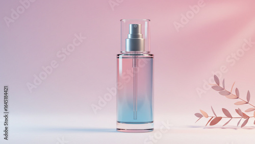 Cosmetic product mockup of a glass spray bottle with gradient pink and blue liquid. Skincare beauty concept on a pastel background with leaves.