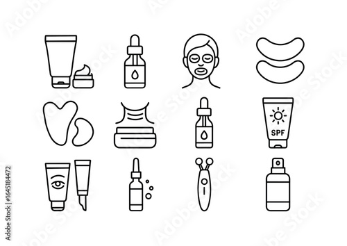 Anti-Aging Skincare Icons. Outline icon set of anti-aging skincare: retinol cream, collagen serum, firming