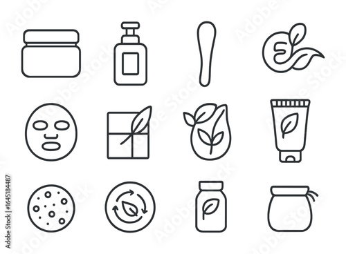 Eco Skincare Icons. Outline icon set of eco-friendly skincare: glass jar, refill bottle, compostable pad,