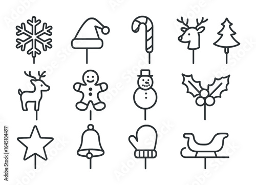 Holiday Cupcake Toppers. Outline icon set of holiday-themed cupcake toppers: snowflake, Santa hat, candy cane,