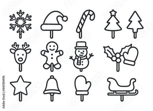 Holiday Cupcake Toppers. Outline icon set of holiday-themed cupcake toppers: snowflake, Santa hat, candy cane,