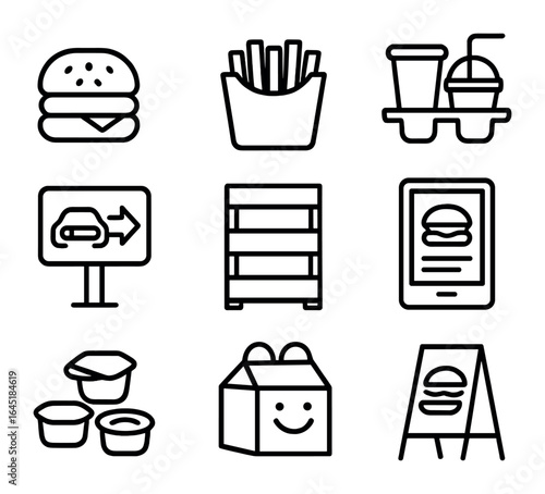 Fast Food Icons. Outline icon set of fast food chains: burger logo, fry pack, cup holder, drive-thru sign,