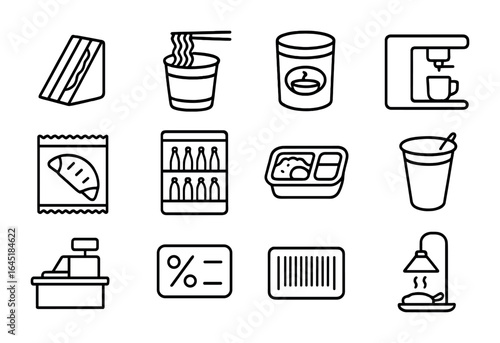 Convenience Store Icons. Outline icon set of convenience store food: pre-made sandwich, instant noodles,
