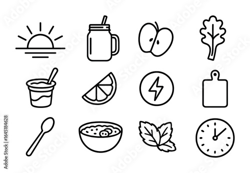 Morning Smoothie Icons. Outline icon set of morning smoothie routines: sunrise icon, mason jar, apple slice,