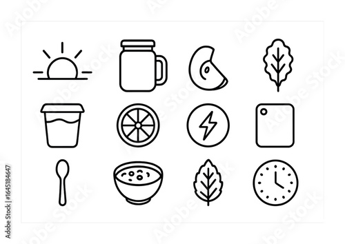Morning Smoothie Icons. Outline icon set of morning smoothie routines: sunrise icon, mason jar, apple slice,