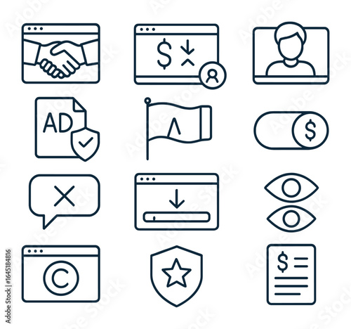 Streaming Platform Icons. Outline icon set of streaming platform terms: stream agreement, revenue split,