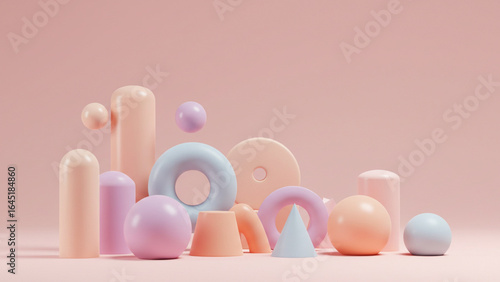 Elegant arrangement of soft pastel 3D geometric shapes, including spheres, cylinders, and rings, presented on a gentle pink surface, creating a modern, clean, and abstract design composition.