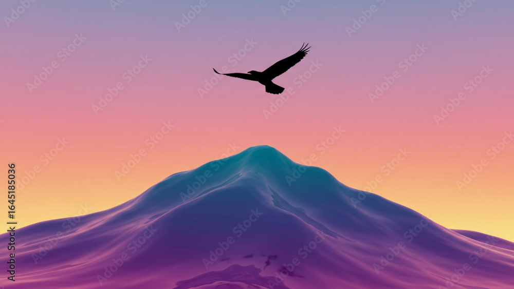 Naklejka premium A lone eagle soars with freedom above a surreal purple mountain range during a vibrant sunset, a minimalist digital illustration concept.