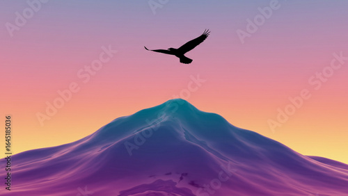A lone eagle soars with freedom above a surreal purple mountain range during a vibrant sunset, a minimalist digital illustration concept.