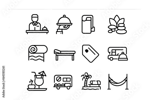 Tropical Hotel Icon Set. Outline icon set of tropical hotel services: front desk, room service tray, pool