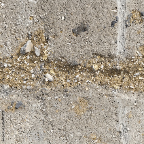 Close-up view of a textured concrete wall with a band of different colored sediments