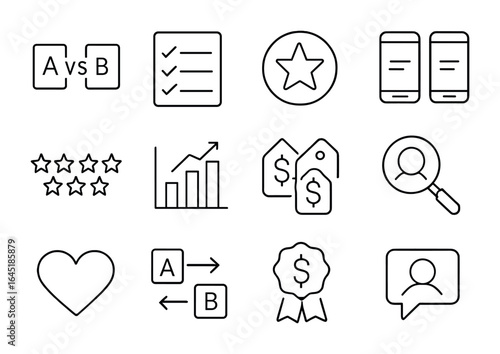 Product Comparison Icons. Outline icon set of product comparison behavior: product A vs B, checklist icon,