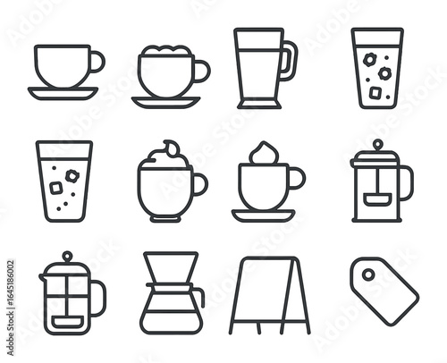 Coffee Menu Icons. Outline icon set of coffee shop menu board: espresso cup, cappuccino, latte glass,