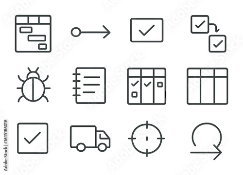 Project Management Icons. Outline icon set of tech for project management: Gantt chart, timeline arrow, status