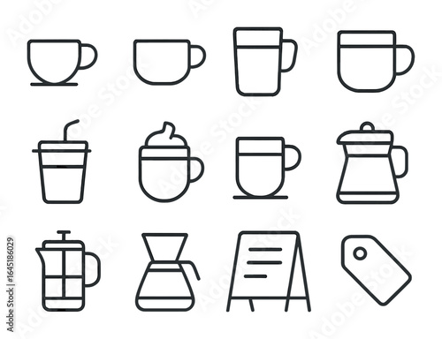 Coffee Menu Icons. Outline icon set of coffee shop menu board: espresso cup, cappuccino, latte glass,