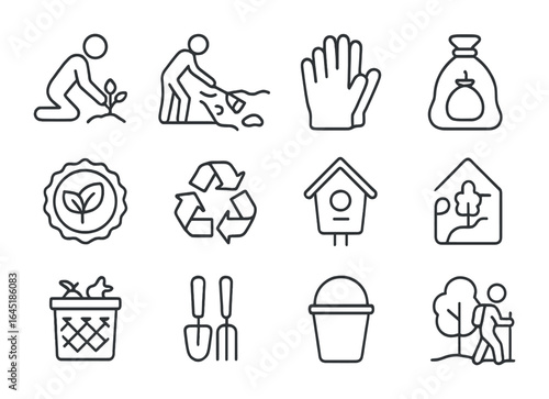 Environmental Volunteer Icons. Outline icon set of environmental volunteering: tree planting, river cleanup,