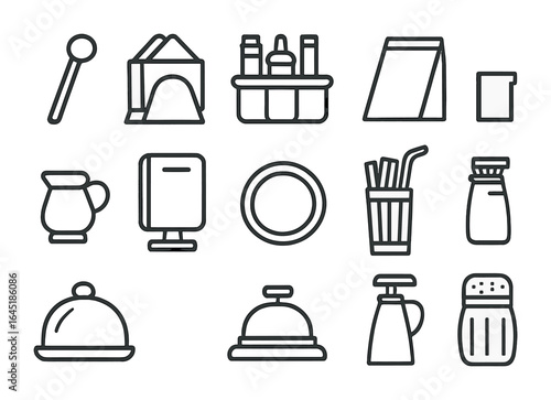Coffee Shop Icons. Outline icon set of coffee shop accessories: stirrer stick, napkin holder, condiment tray,