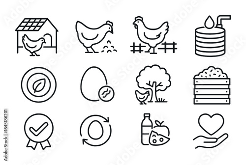 Sustainable Egg Farming Icons. Outline icon set of sustainable egg farming: solar coop, natural feed, pasture