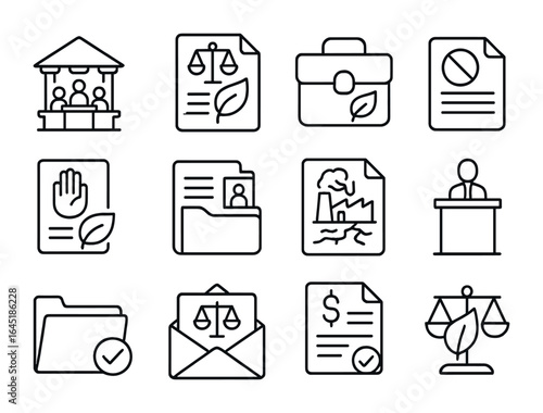 Environmental Litigation Icons. Outline icon set of environmental litigation: court room, green lawsuit,