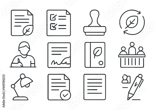 Green Policy Icon Set. Outline icon set of policy drafting for green laws: contract draft, policy checklist,