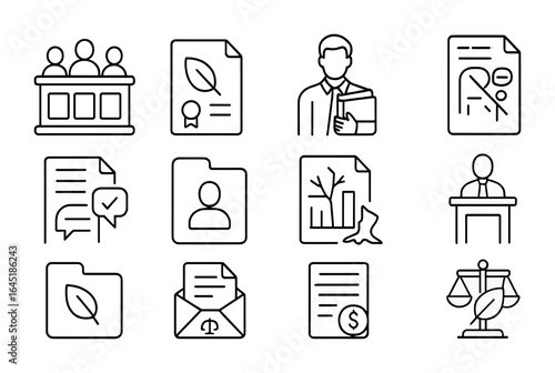 Environmental Litigation Icons. Outline icon set of environmental litigation: court room, green lawsuit,