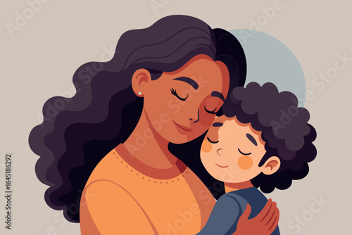 A mother lovingly embraces her child, eyes closed in a moment of pure connection