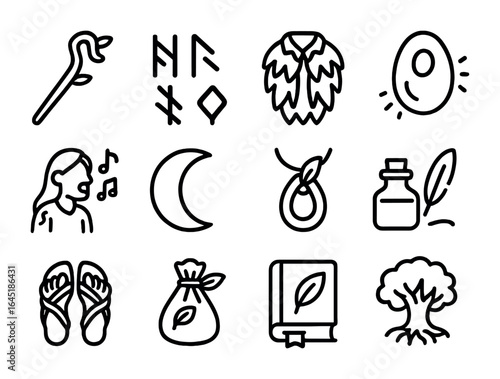 Druidic Icon Set. Outline icon set of druidic connection to forest: staff of wood, runic tattoos, leaf cloak,