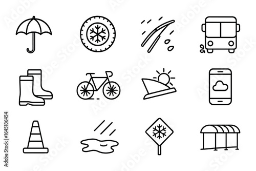 Weather Commute Icons. Outline icon set of weather-based commute: umbrella, snow tire, windscreen wiper, bus