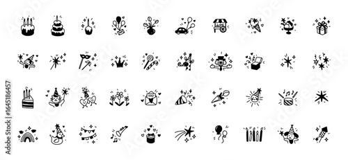 Set of hand drawn doodle birthday icons. Cake with candles, party hat, flying balloons, gift box. Childish kid crayon whimsical scribbles. Happy anniversary celebration with music, firework, confetti