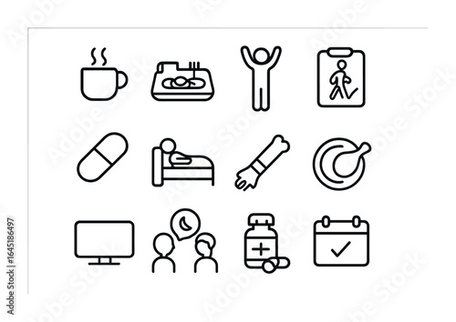 Daily Care Icons. Outline icon set of daily caregiving routine: morning tea, breakfast tray, stretch pose,