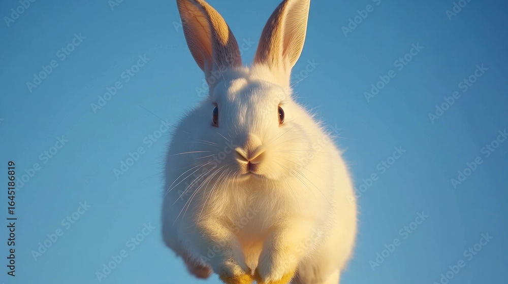 Fototapeta premium White rabbit mid-leap against a vibrant blue sky