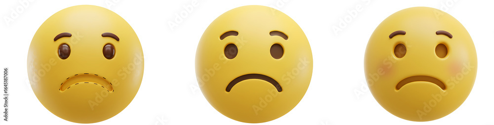 Fototapeta premium Three yellow emoji faces showing various levels of sadness and emotional expressions on a plain scene on transparent background