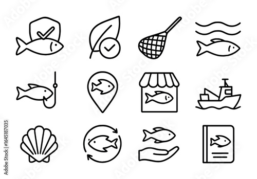 Sustainable Seafood Icons. Outline icon set of sustainable seafood choices: certified fish, eco-label, fishing