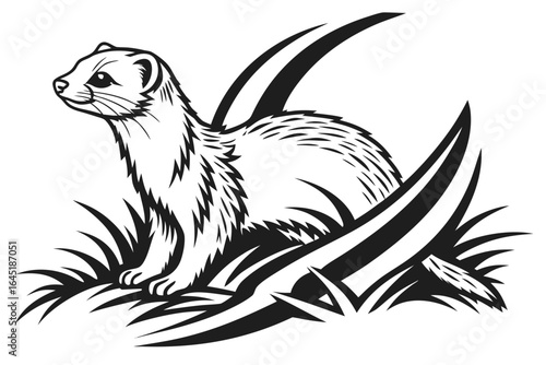 Illustration of a ferret in the grass isolated on white background